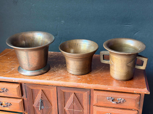 Vintage Cast Brass Bronze Mortar Trio Set Handled Apothecary Bowls