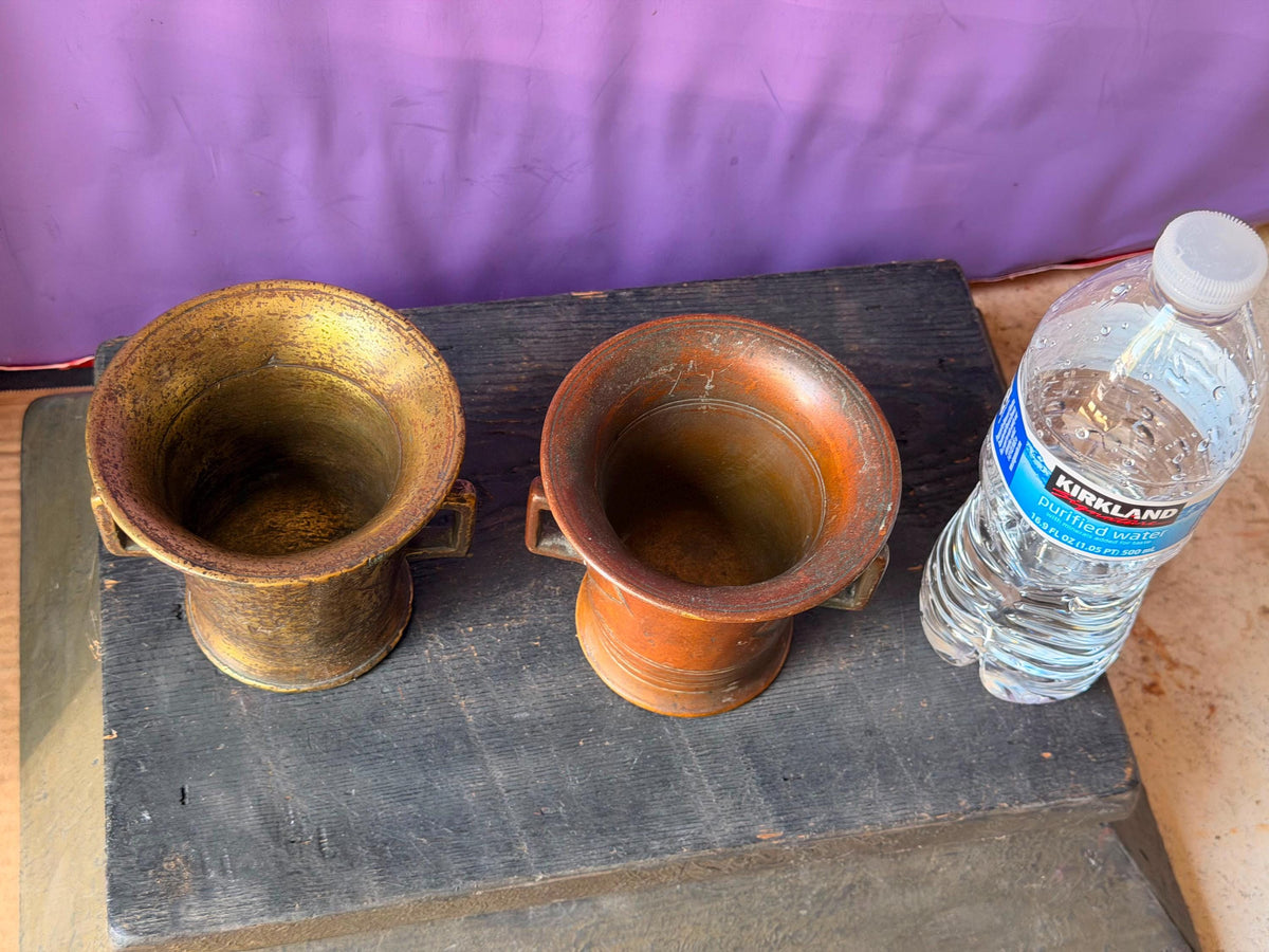 Vintage Cast Brass Bronze Mortar Pair Handled Apothecary Vessels Metalware