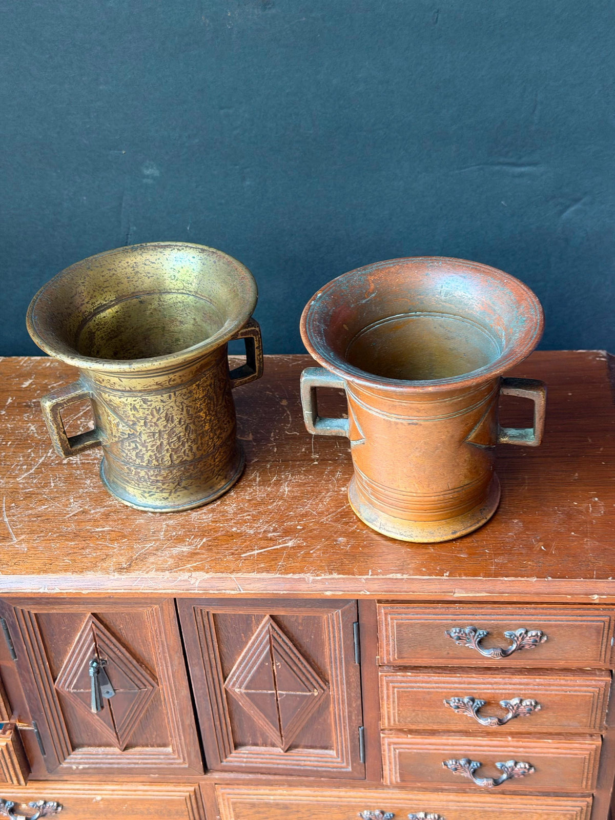 Vintage Cast Brass Bronze Mortar Pair Handled Apothecary Vessels Metalware