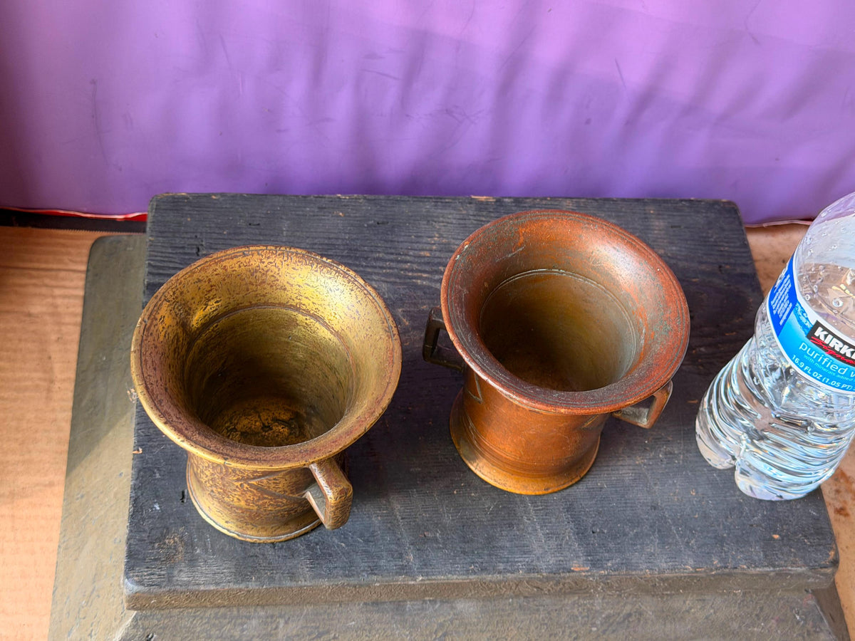 Vintage Cast Brass Bronze Mortar Pair Handled Apothecary Vessels Metalware