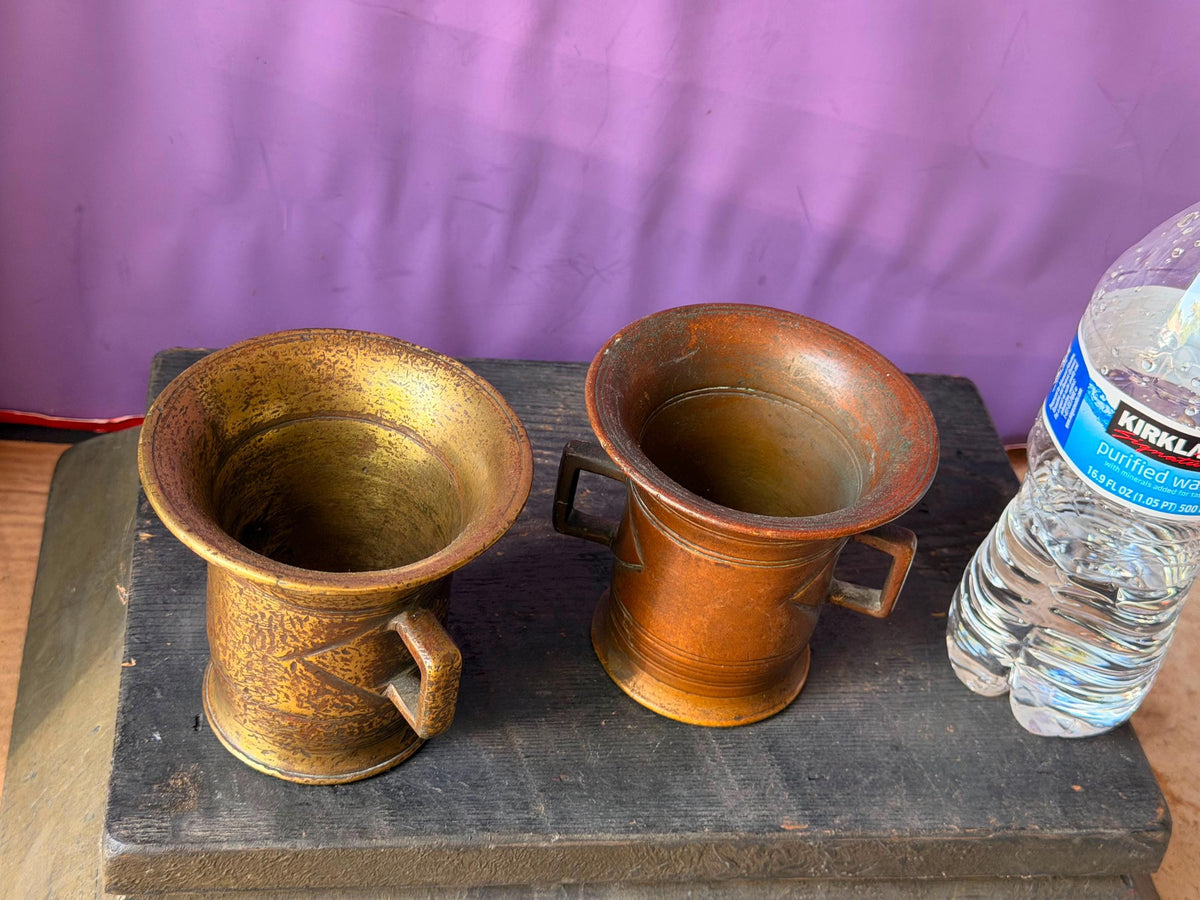 Vintage Cast Brass Bronze Mortar Pair Handled Apothecary Vessels Metalware