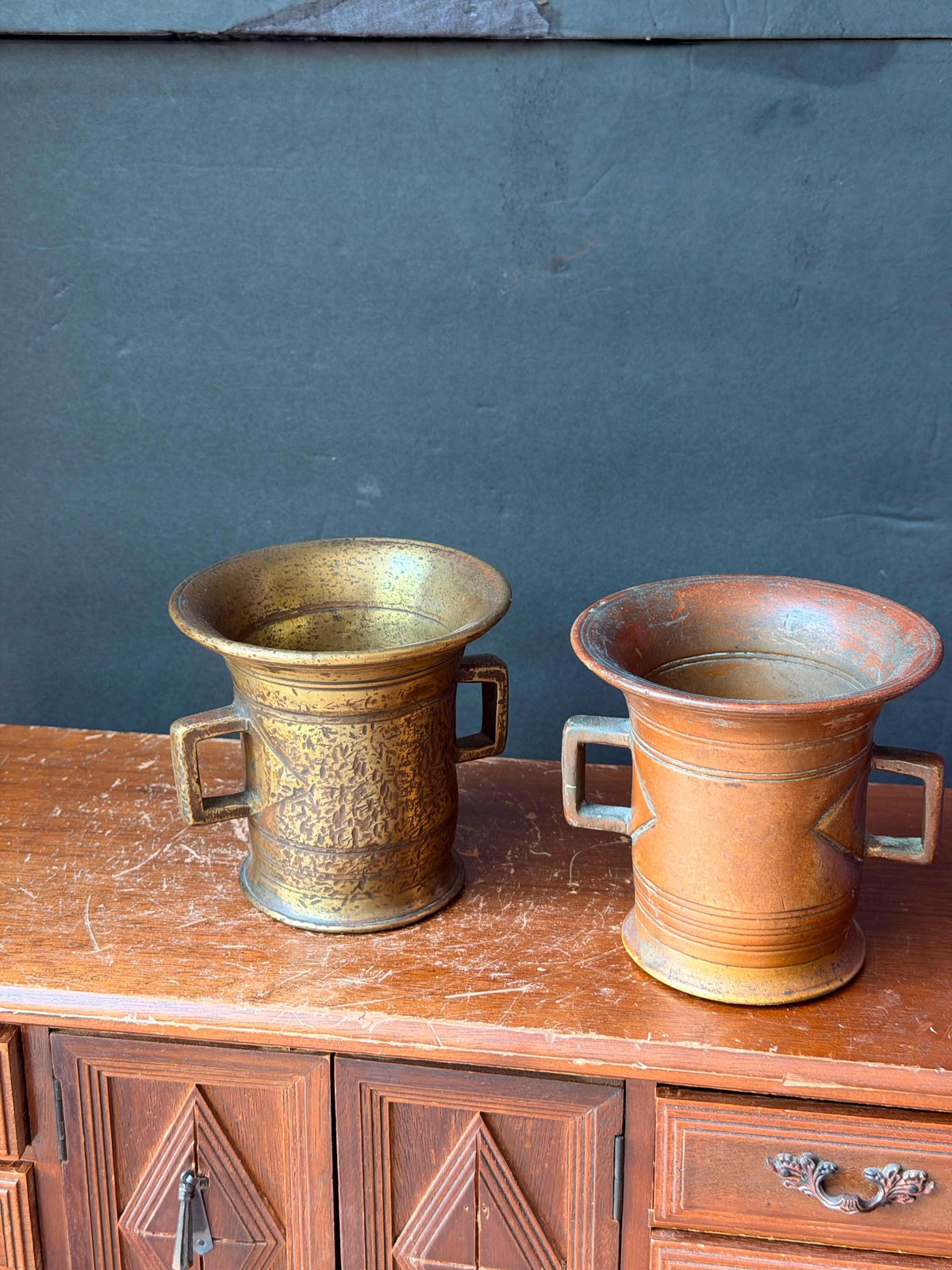 Vintage Cast Brass Bronze Mortar Pair Handled Apothecary Vessels Metalware
