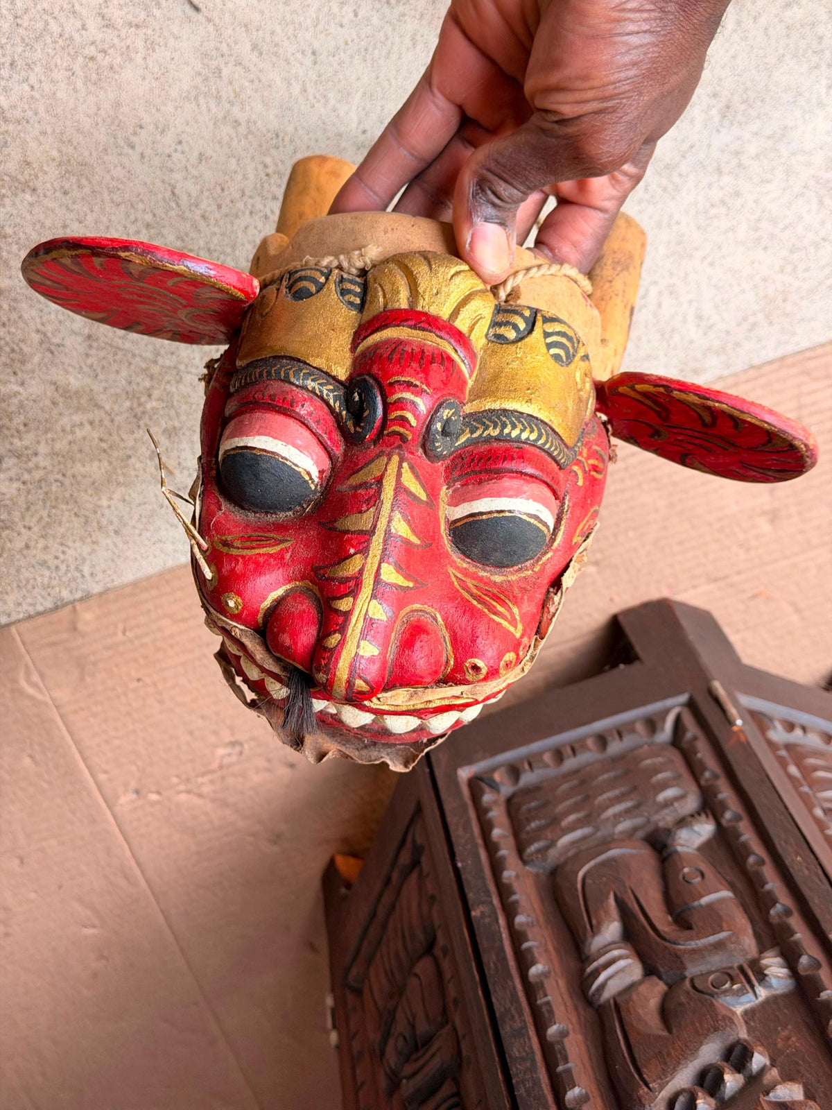 Vintage Balinese Barong Wood Mask Articulated Tongue Ears Puppet Folk Art
