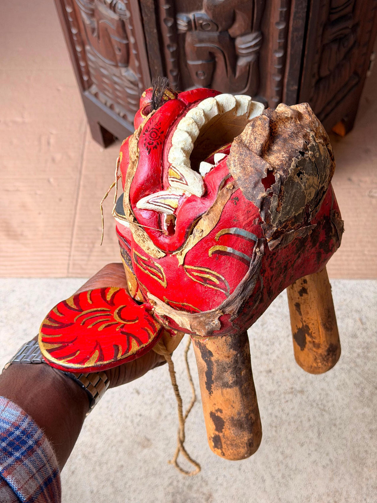Vintage Balinese Barong Wood Mask Articulated Tongue Ears Puppet Folk Art