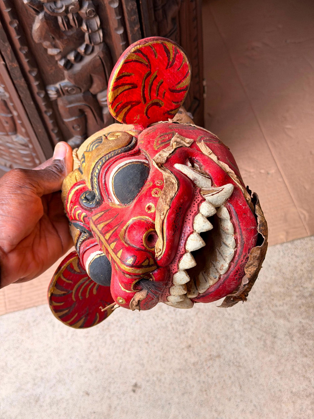 Vintage Balinese Barong Wood Mask Articulated Tongue Ears Puppet Folk Art