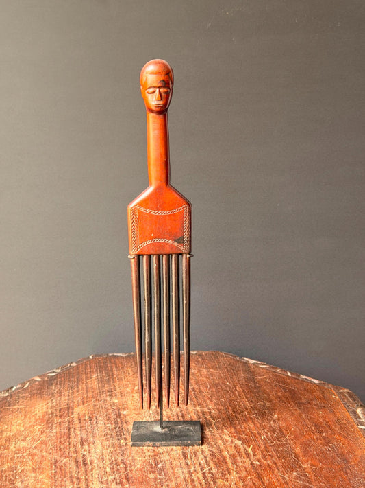 Vintage Baule Akan Wooden Hair Comb Carved Ancestor Head Figure on Custom Stand