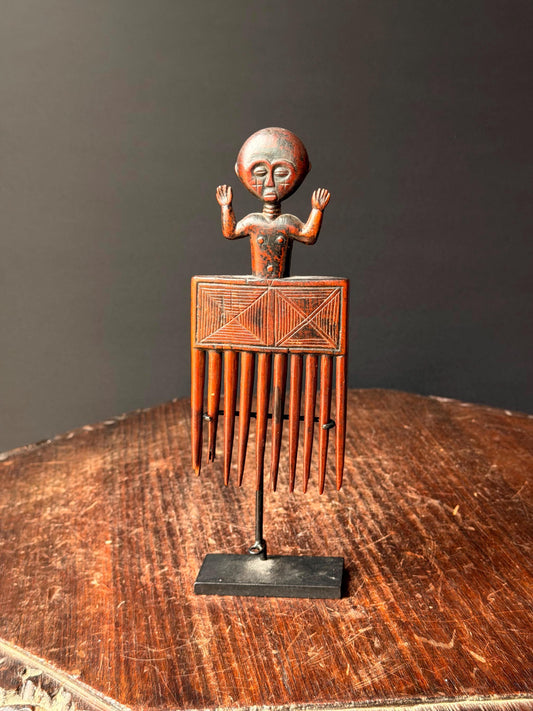 Vintage Baule Akan Wooden Hair Comb Carved Figure Raised Arms on Custom Stand