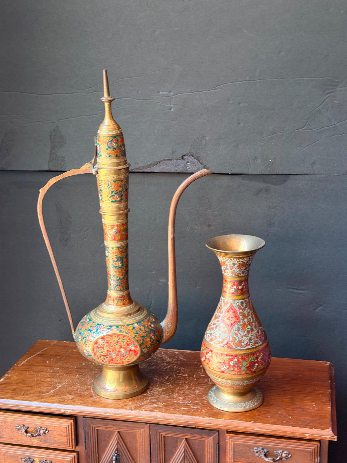 Vintage Indian Hand Engraved Enamel Brass Aftaba Ewer Pitcher Vase