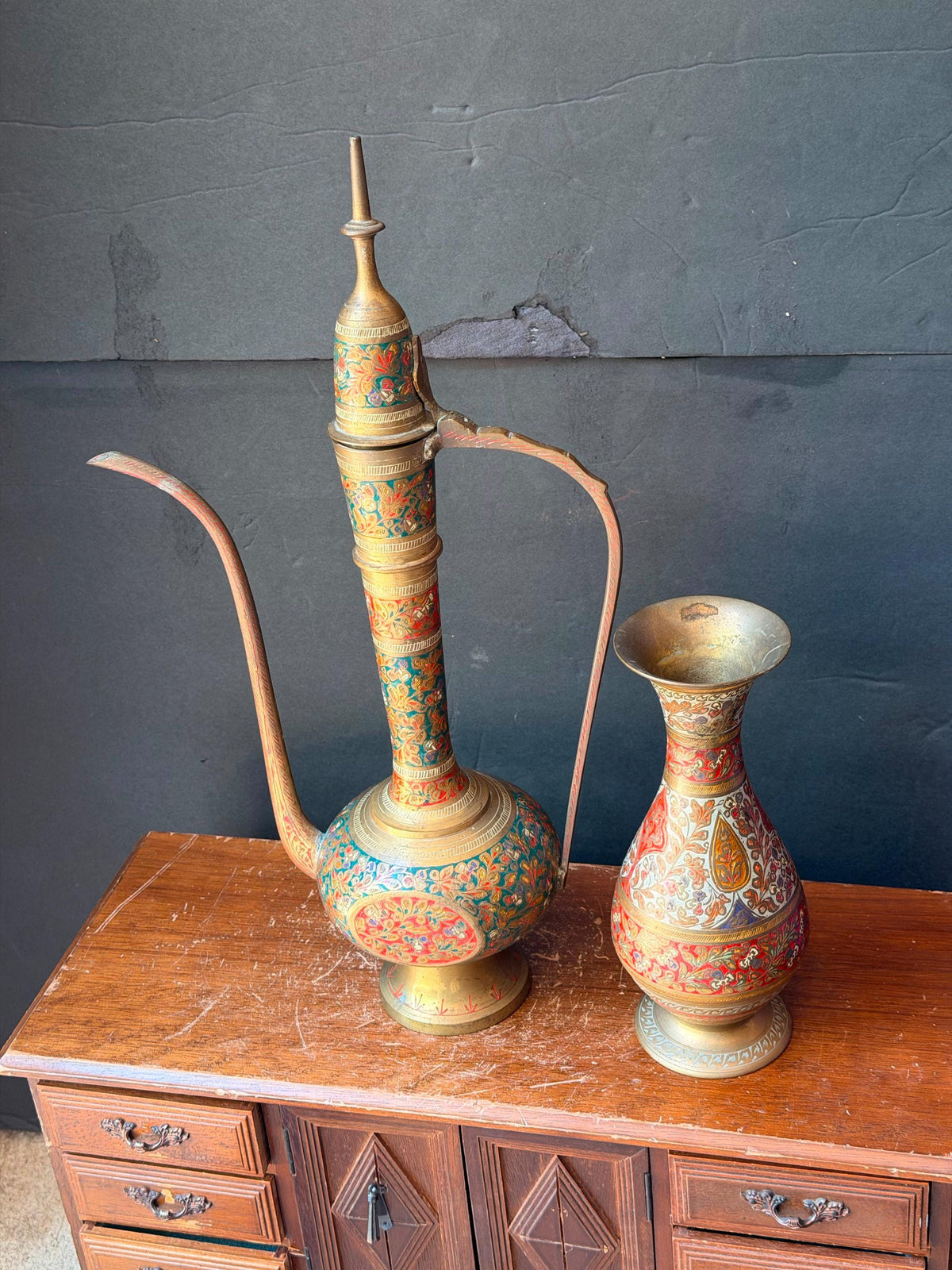 Vintage Indian Hand Engraved Enamel Brass Aftaba Ewer Pitcher Vase