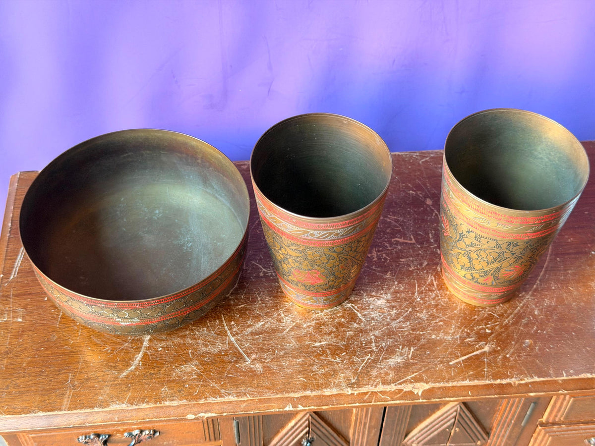 Vintage Etched Brass Bowl Cups Set Red Enamel Botanical Vessel Tableware 3Pc