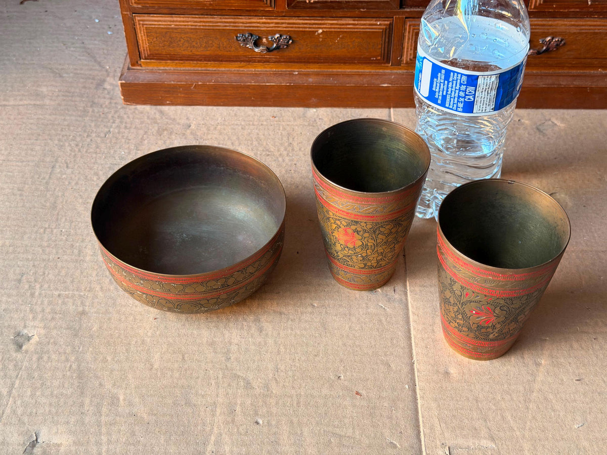 Vintage Etched Brass Bowl Cups Set Red Enamel Botanical Vessel Tableware 3Pc