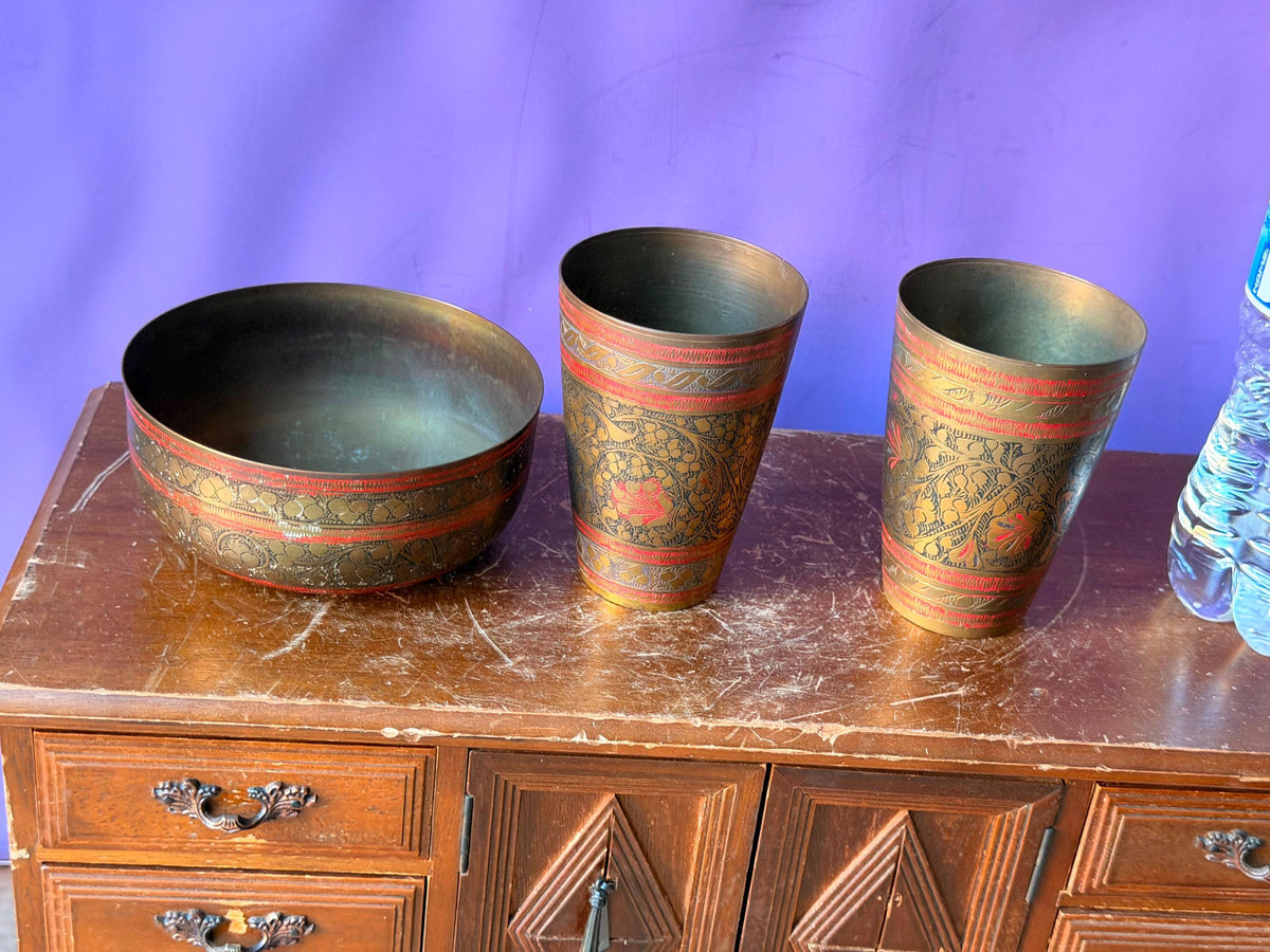 Vintage Etched Brass Bowl Cups Set Red Enamel Botanical Vessel Tableware 3Pc