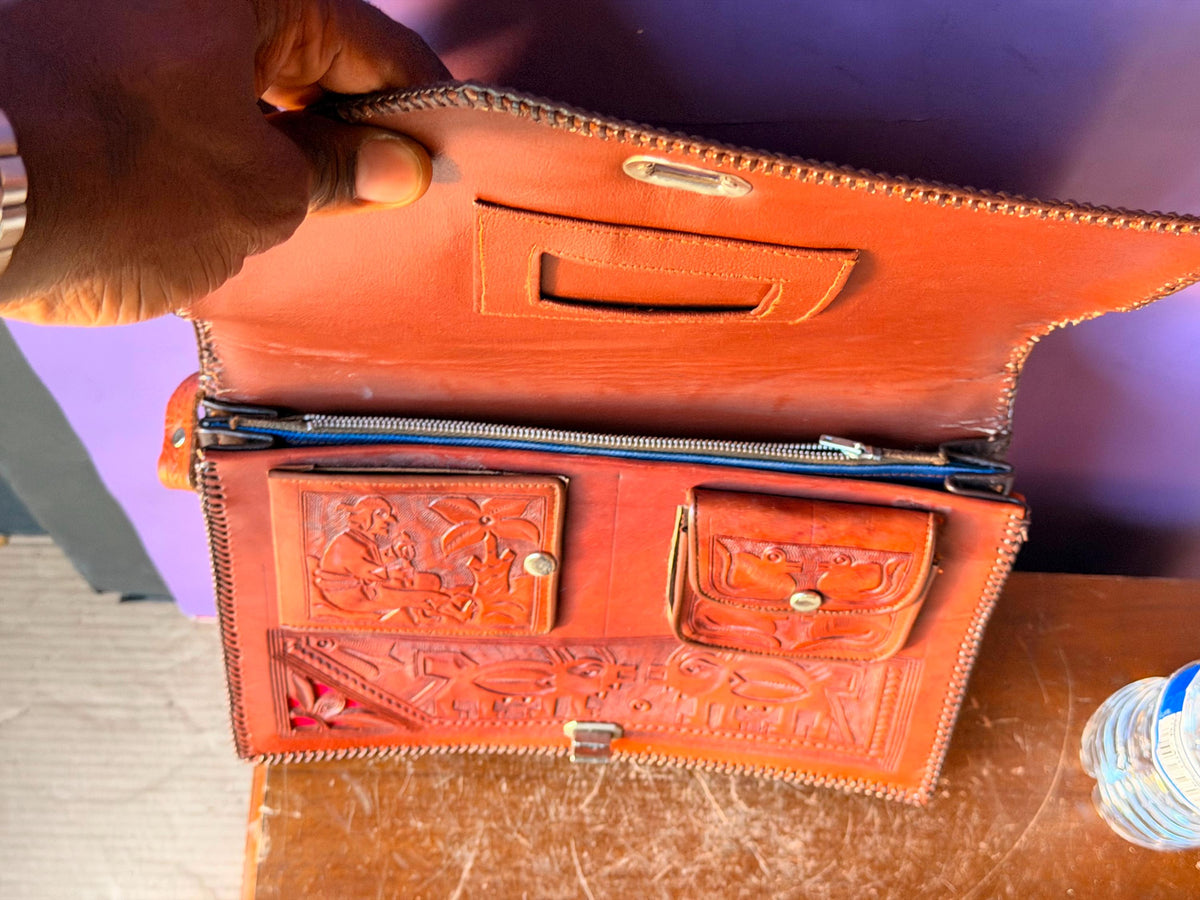 Peruvian Hand Tooled Leather Bag, Vintage Llama Cutout Satchel with Red Felt, Andean Folk Art Shoulder Purse