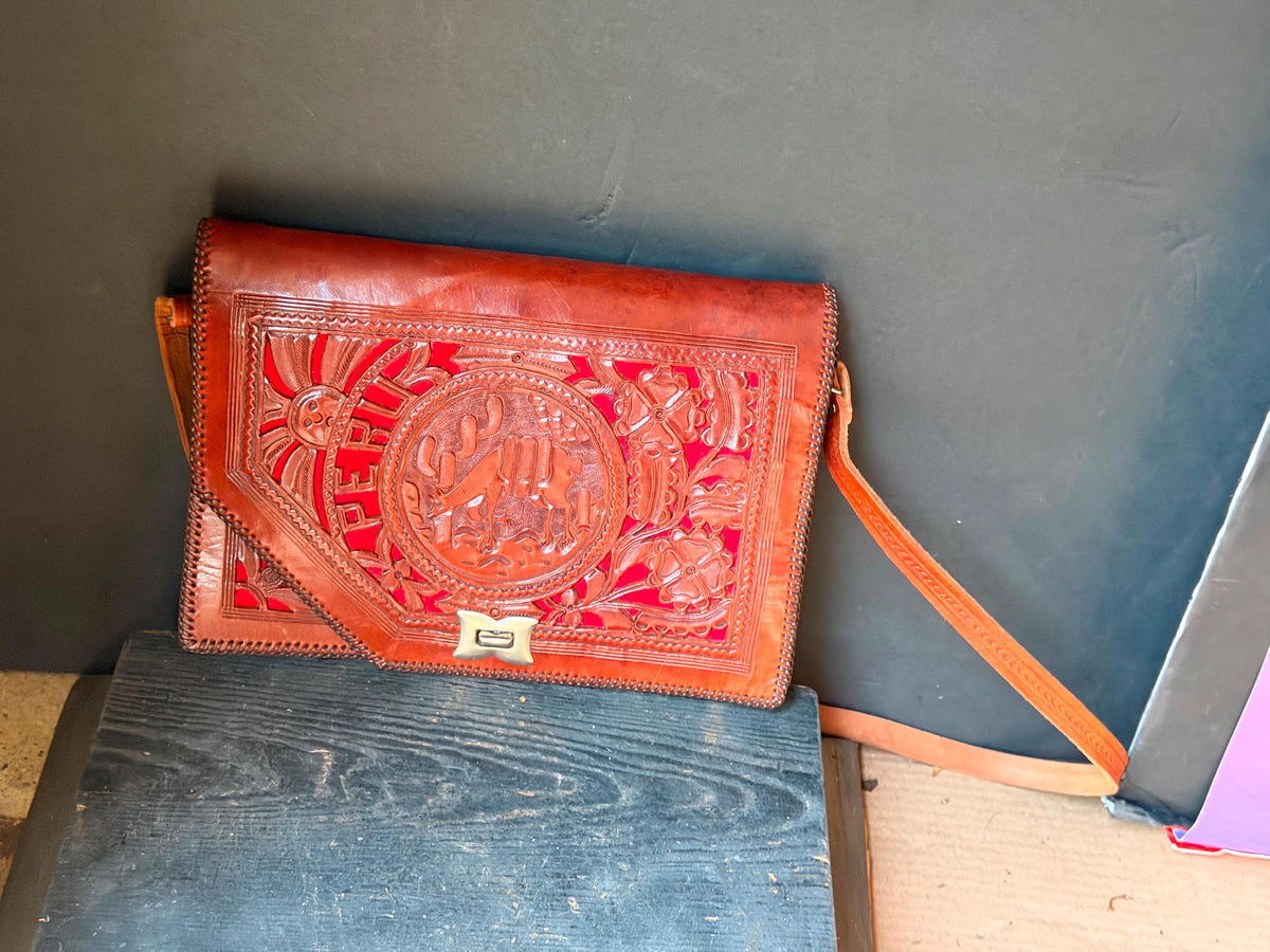 Peruvian Hand Tooled Leather Bag, Vintage Llama Cutout Satchel with Red Felt, Andean Folk Art Shoulder Purse