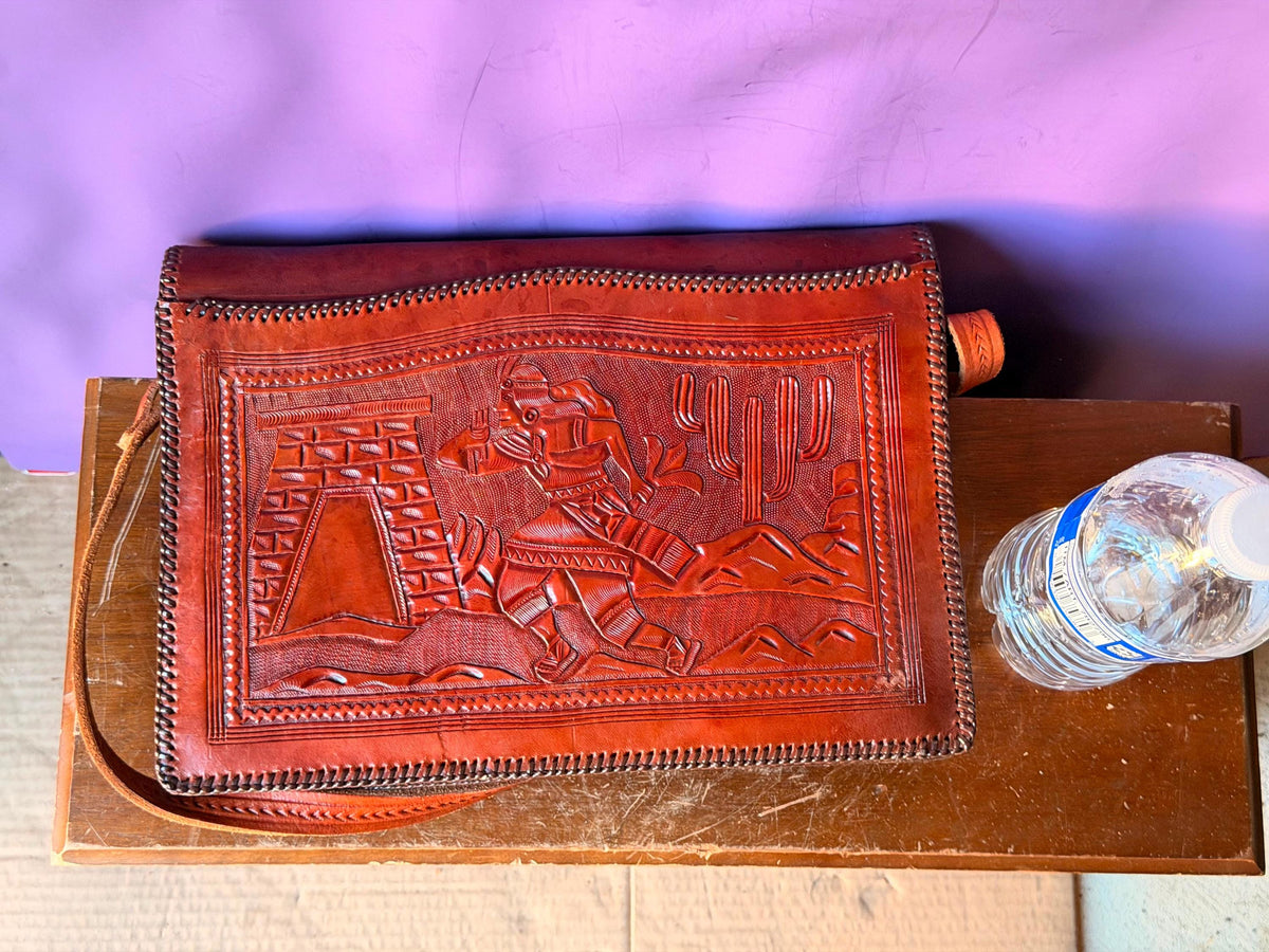 Peruvian Hand Tooled Leather Bag, Vintage Llama Cutout Satchel with Red Felt, Andean Folk Art Shoulder Purse