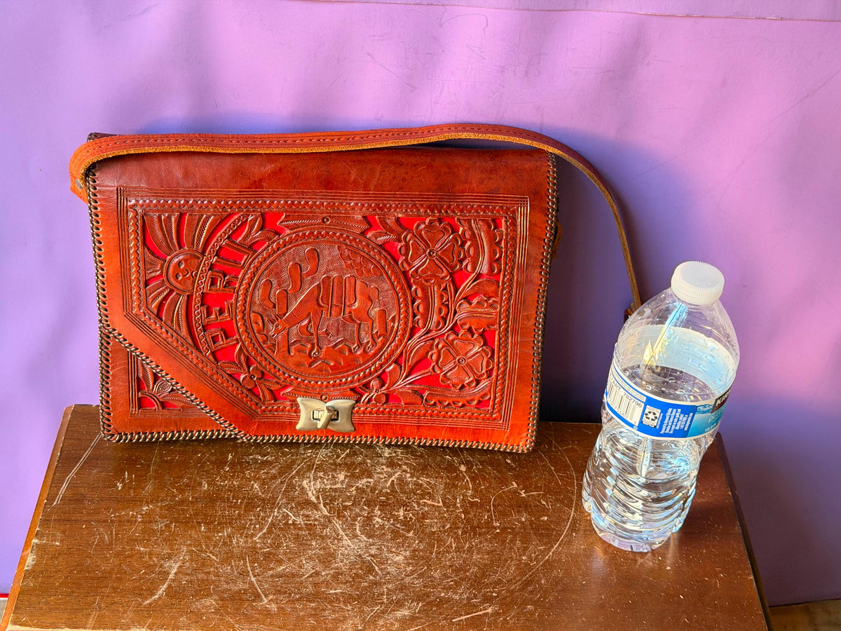Peruvian Hand Tooled Leather Bag, Vintage Llama Cutout Satchel with Red Felt, Andean Folk Art Shoulder Purse