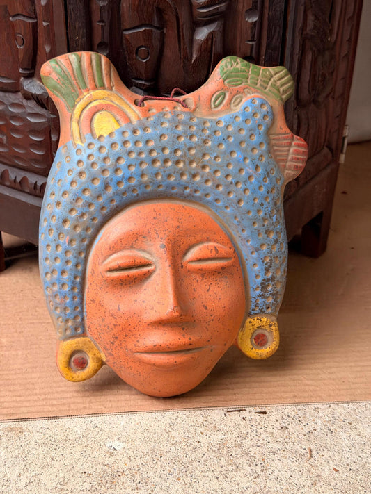 Vintage Mexican Terracotta Clay Mask Ceremonial Headdress Wall Decor 10.2"
