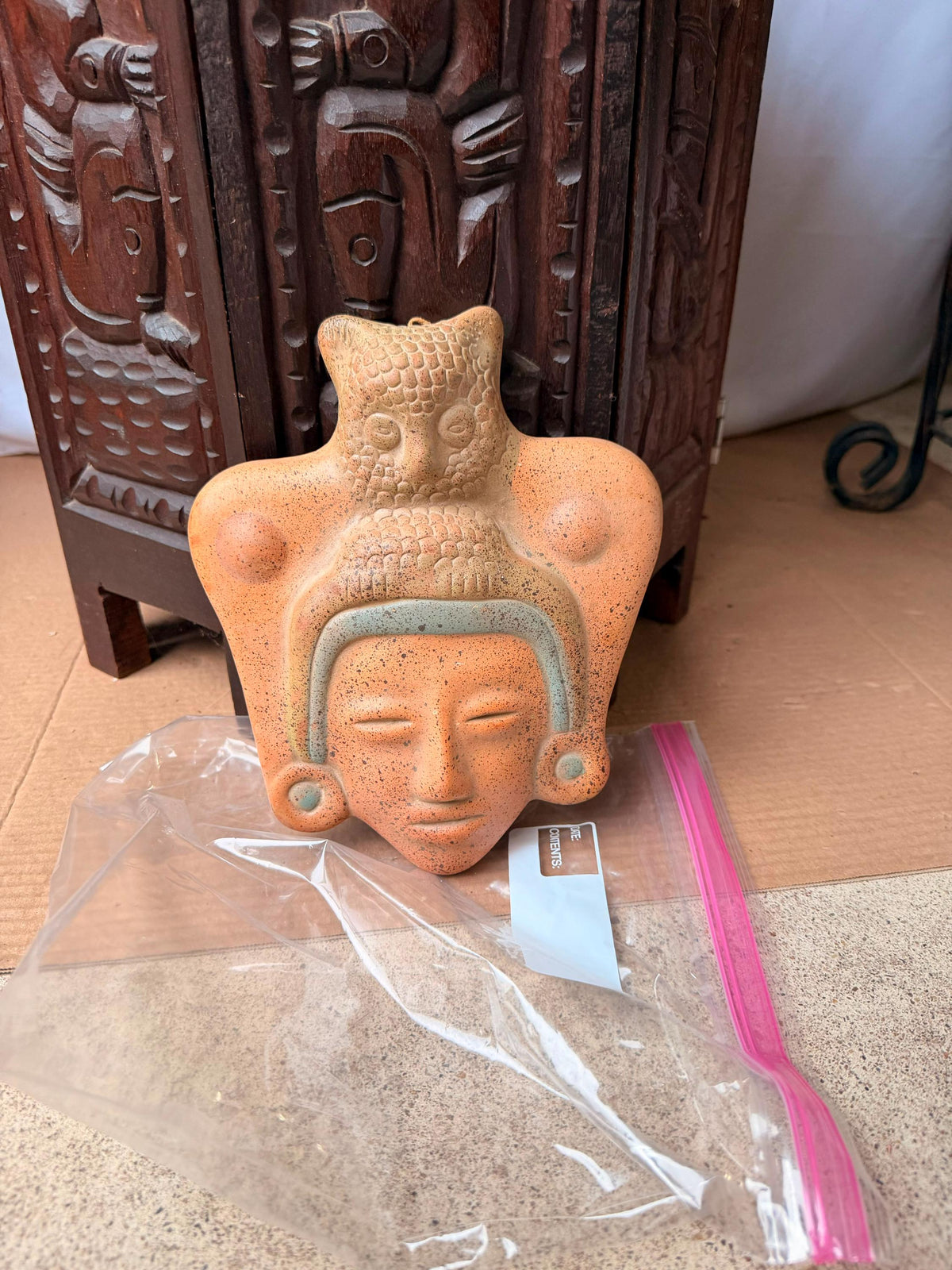 Vintage Mexican Terracotta Clay Mask Owl Headdress Mesoamerican Wall Art 9"