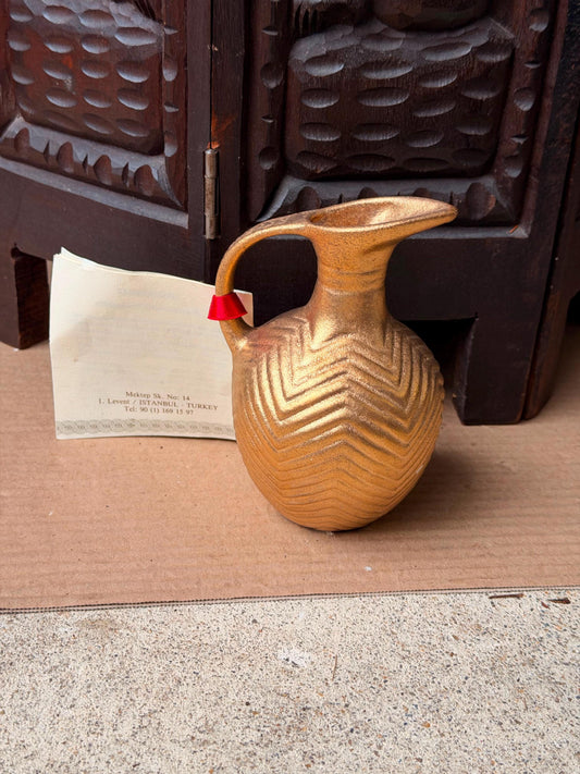 Vintage Anatolian Gilt Ceramic Pitcher Gold Enamel Decorative Vessel 5.5"