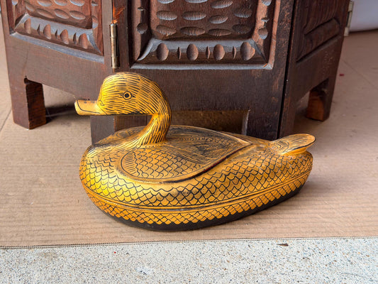 Vintage Carved Wood Duck Lidded Box Asian Gilded Lacquer Keepsake Dish 8"