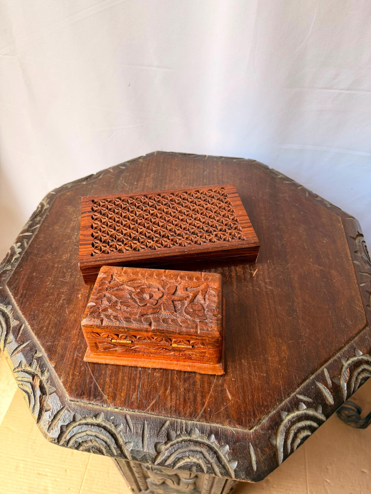 Vintage Indian Carved Wood Box Pair Sheesham Jali Lattice Jewelry Keepers 8"