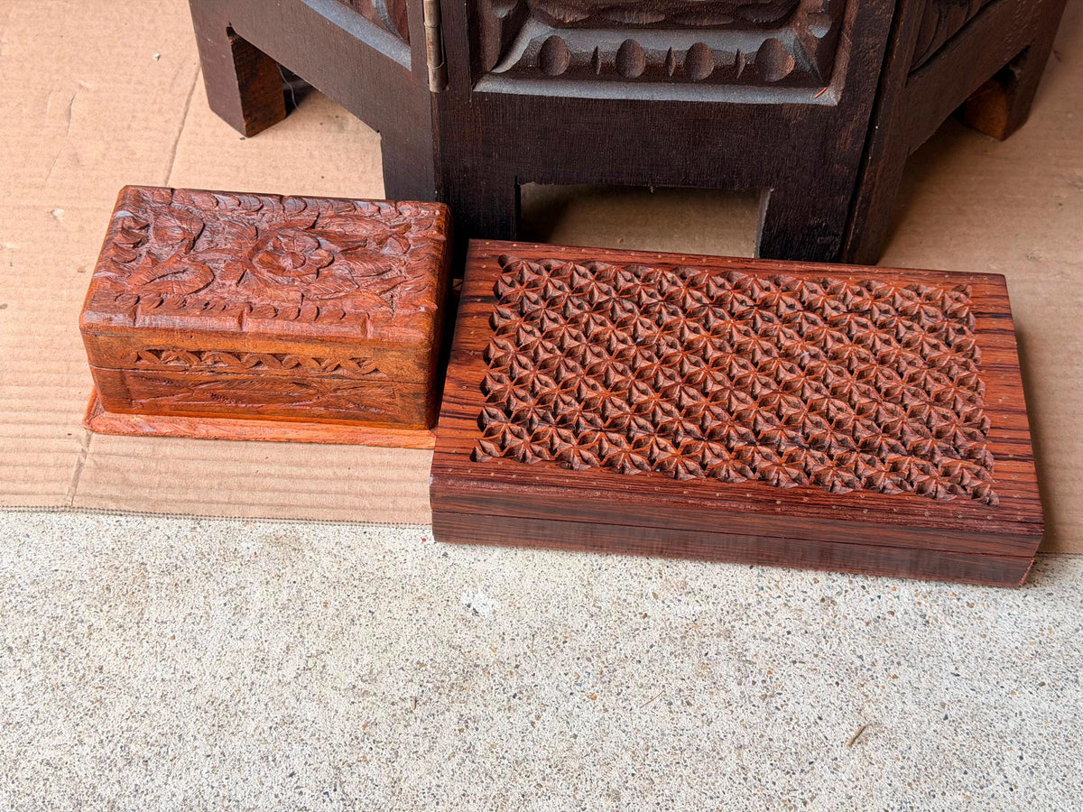 Vintage Indian Carved Wood Box Pair Sheesham Jali Lattice Jewelry Keepers 8"