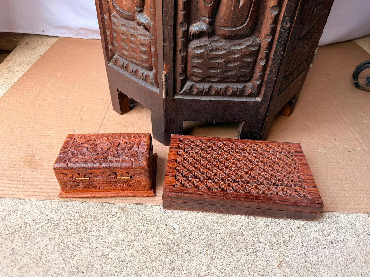 Vintage Indian Carved Wood Box Pair Sheesham Jali Lattice Jewelry Keepers 8"