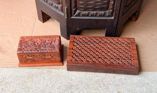 Vintage Indian Carved Wood Box Pair Sheesham Jali Lattice Jewelry Keepers 8"