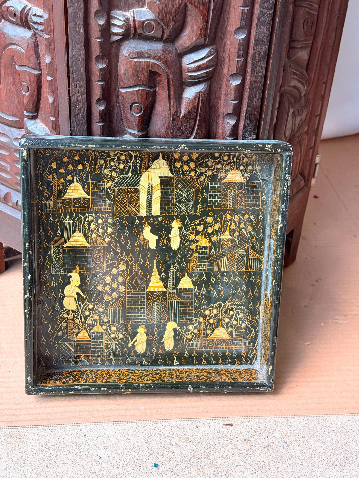 Vintage Indian Black Gold Lacquer Tray Hand Painted Architectural 8.5"