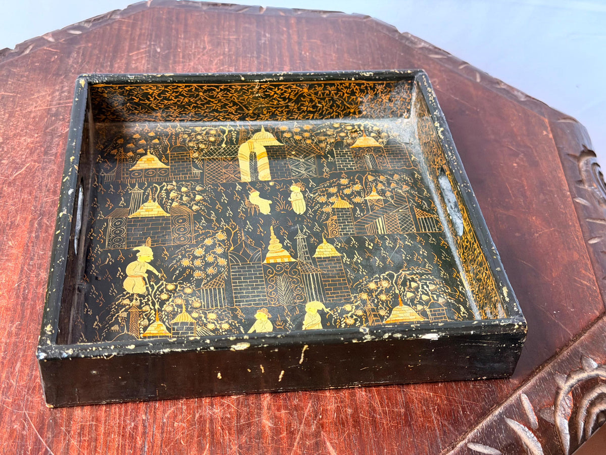 Vintage Indian Black Gold Lacquer Tray Hand Painted Architectural 8.5"