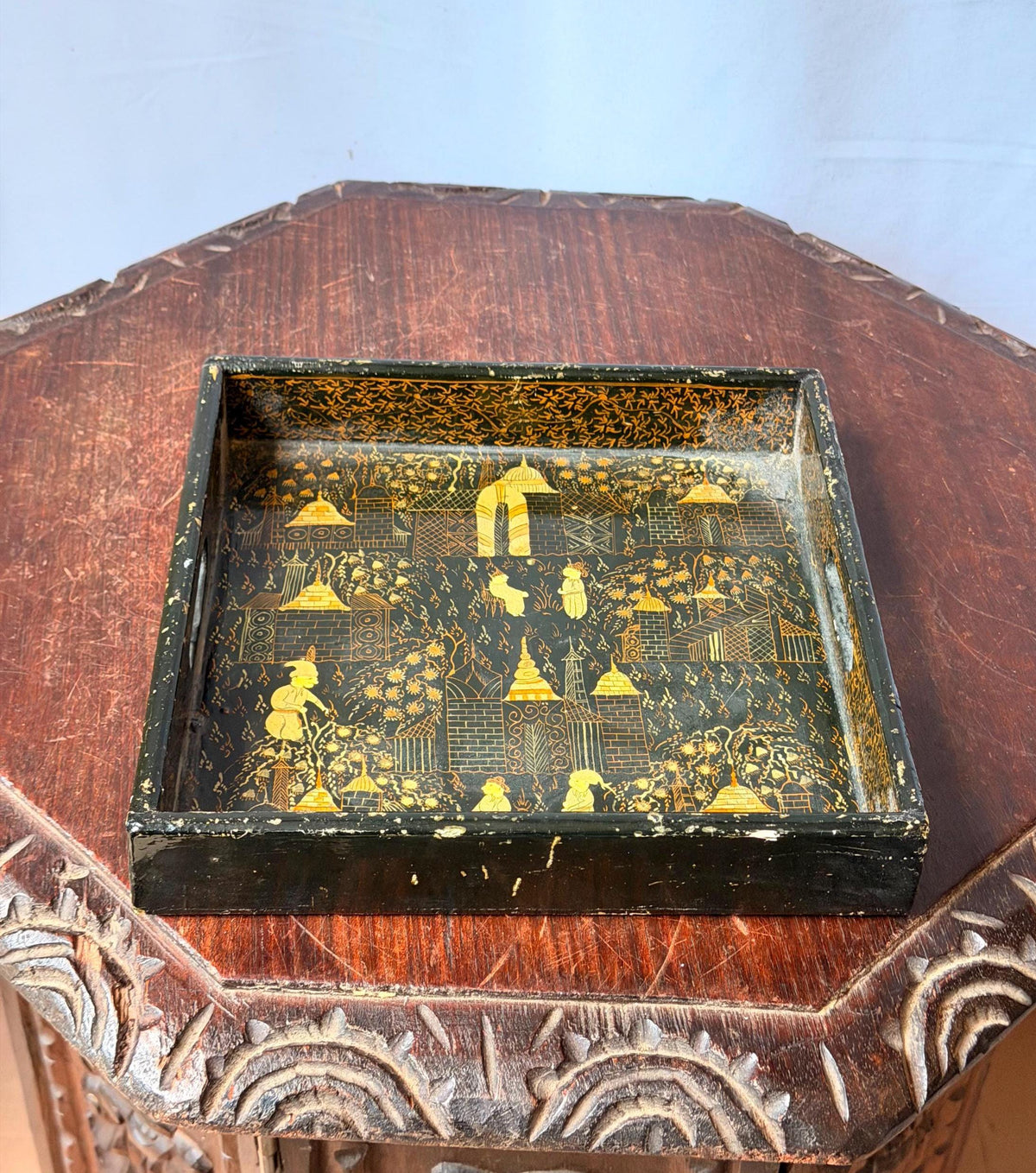 Vintage Indian Black Gold Lacquer Tray Hand Painted Architectural 8.5"