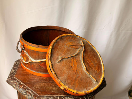 Vintage Carved Wood Bamboo Round Box Relief Leaf Branch Lidded Decorative Vessel