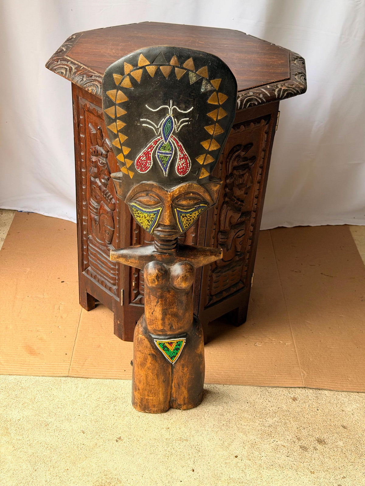 Vintage Large Ashanti Akua'ba Beaded Wood Figure West African Art 27"
