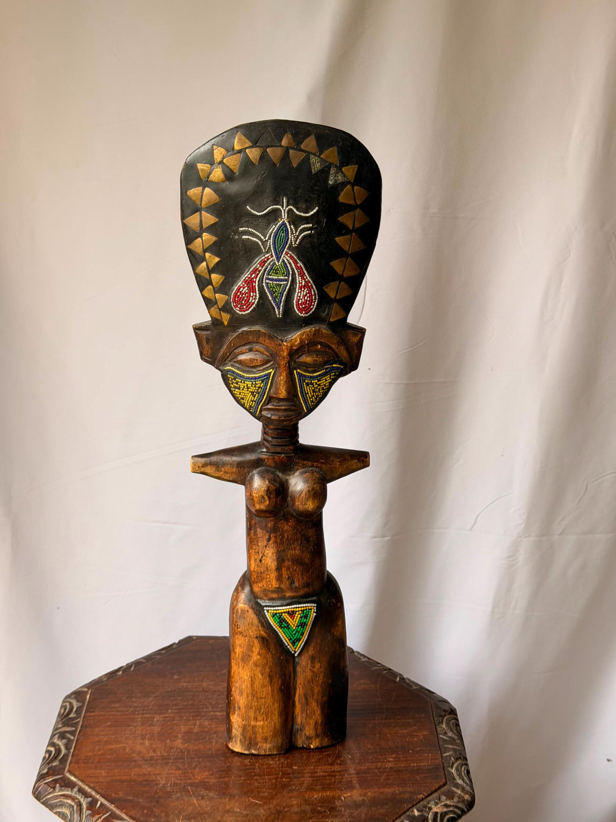 Vintage Large Ashanti Akua'ba Beaded Wood Figure West African Art 27"
