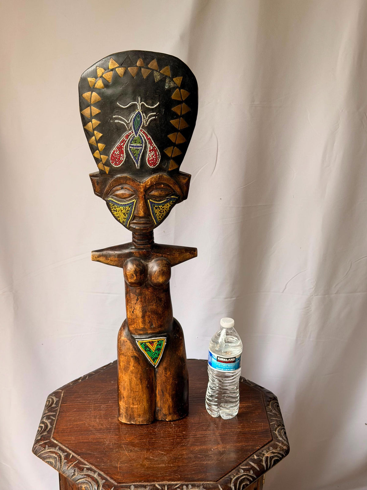 Vintage Large Ashanti Akua'ba Beaded Wood Figure West African Art 27"