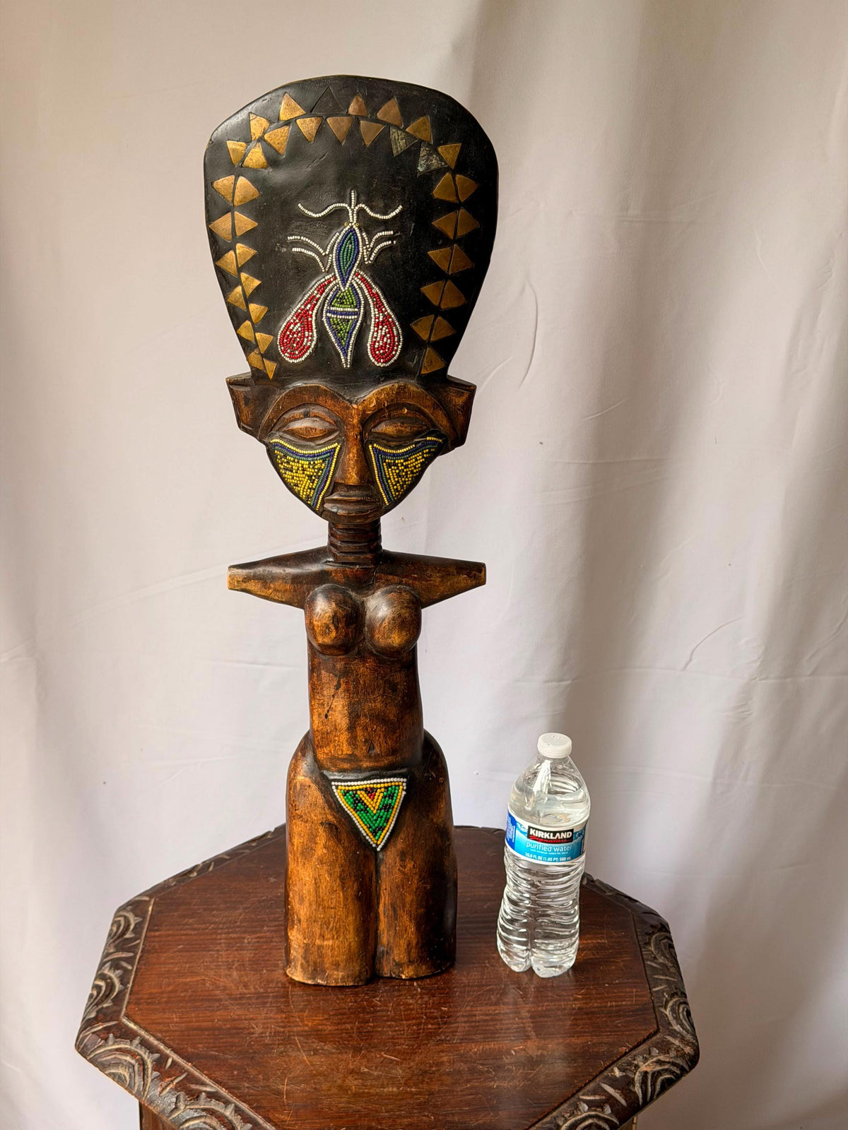 Vintage Large Ashanti Akua'ba Beaded Wood Figure West African Art 27"