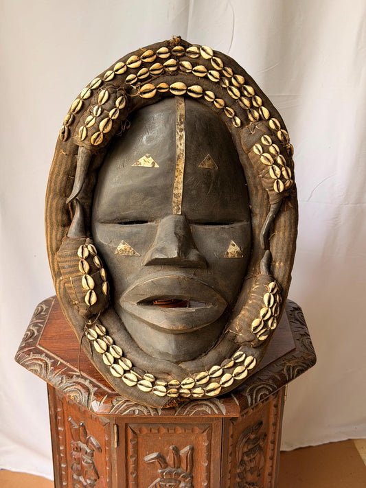 Vintage Dan Mask Hand Carved Wood Cowrie Shell Aluminum Metal West African Art