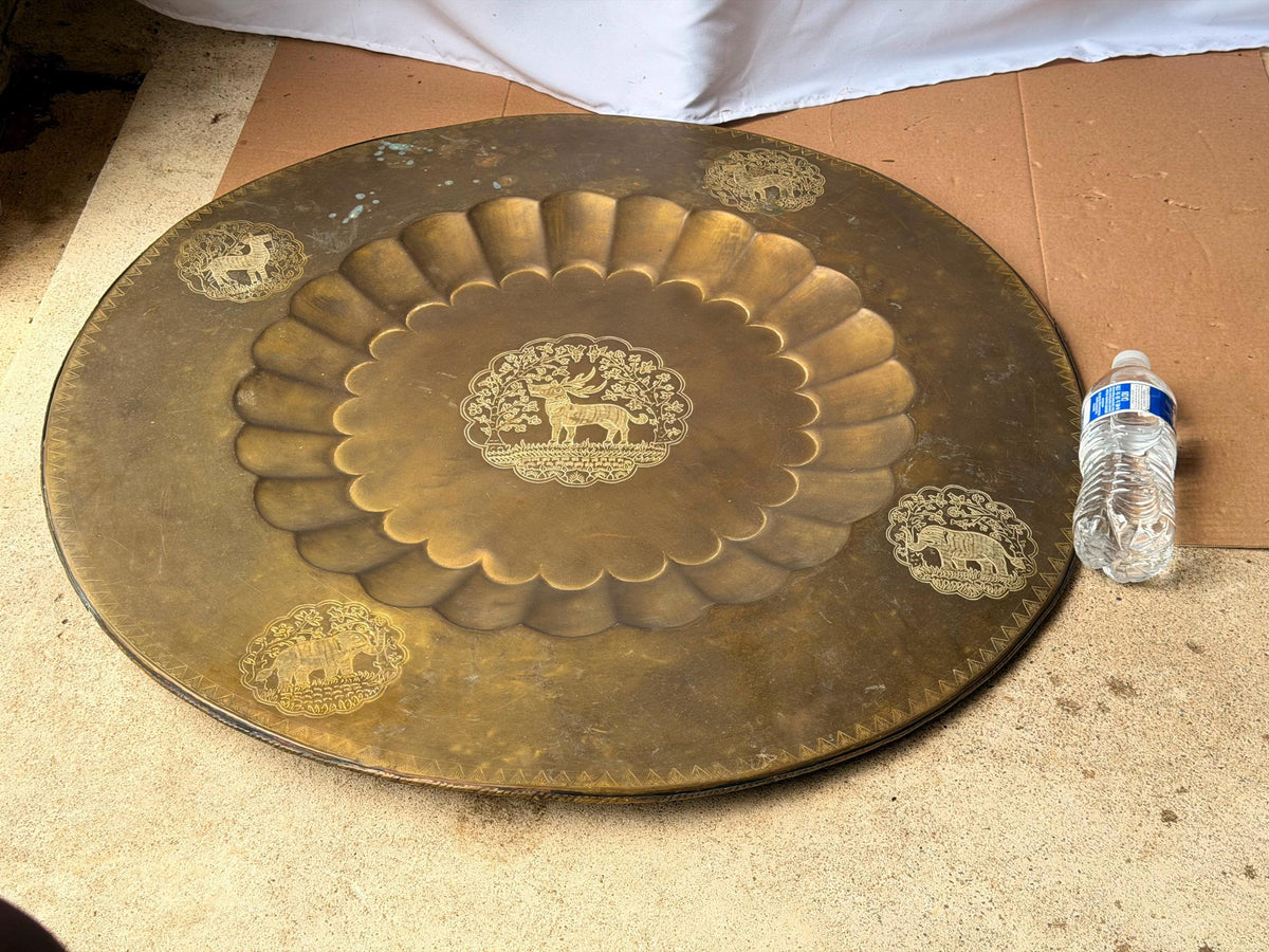 Vintage Indian Brass Tray Large 30" Engraved Animals Table Top Wall Platter