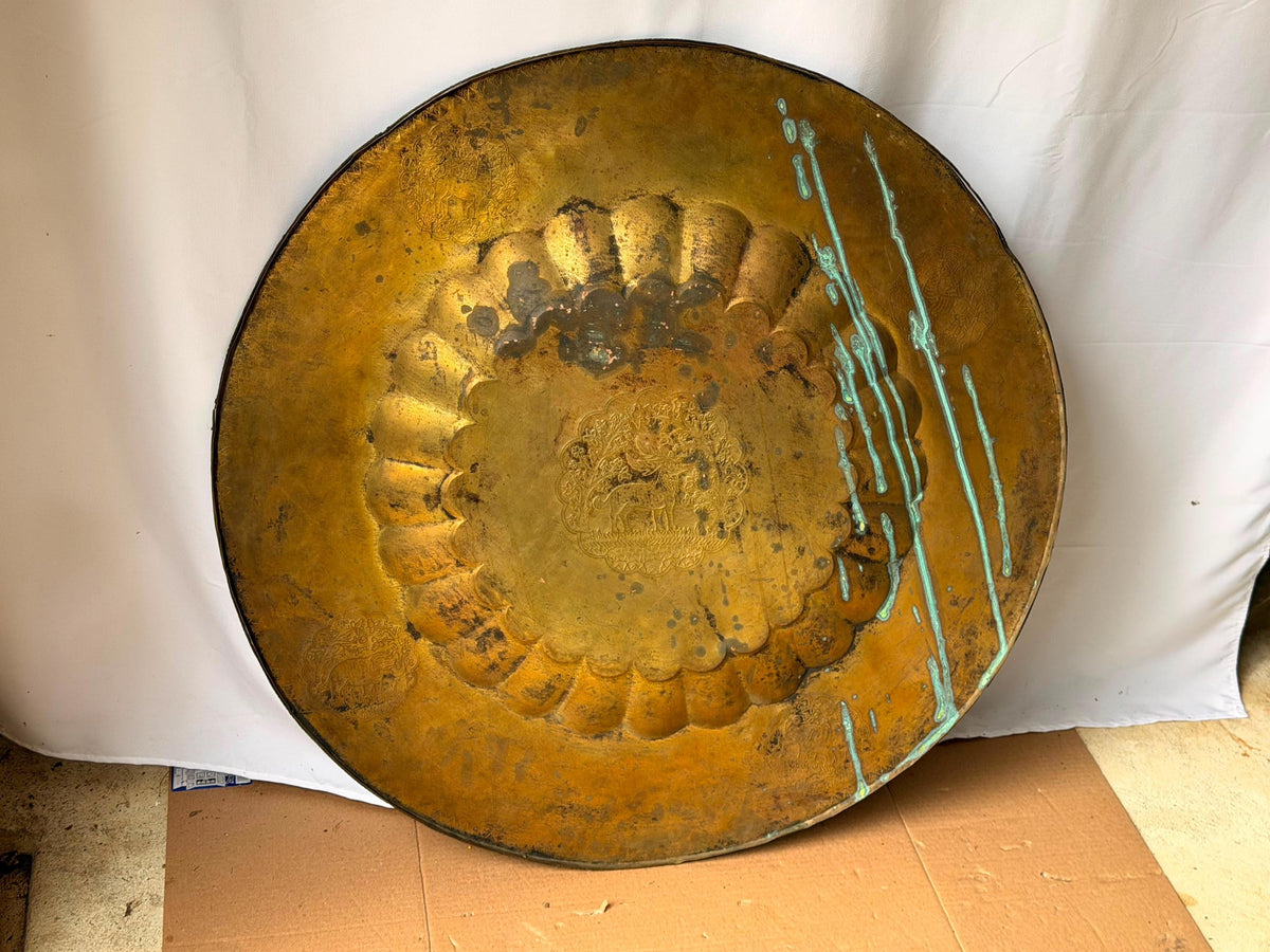 Vintage Indian Brass Tray Large 30" Engraved Animals Table Top Wall Platter