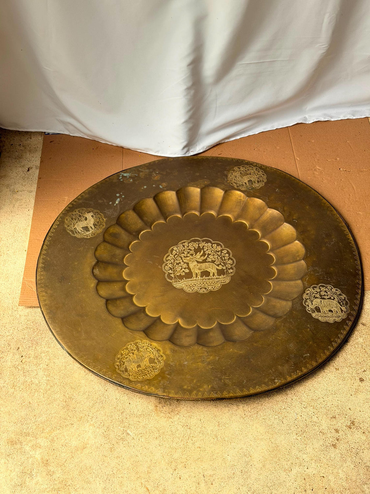 Vintage Indian Brass Tray Large 30" Engraved Animals Table Top Wall Platter