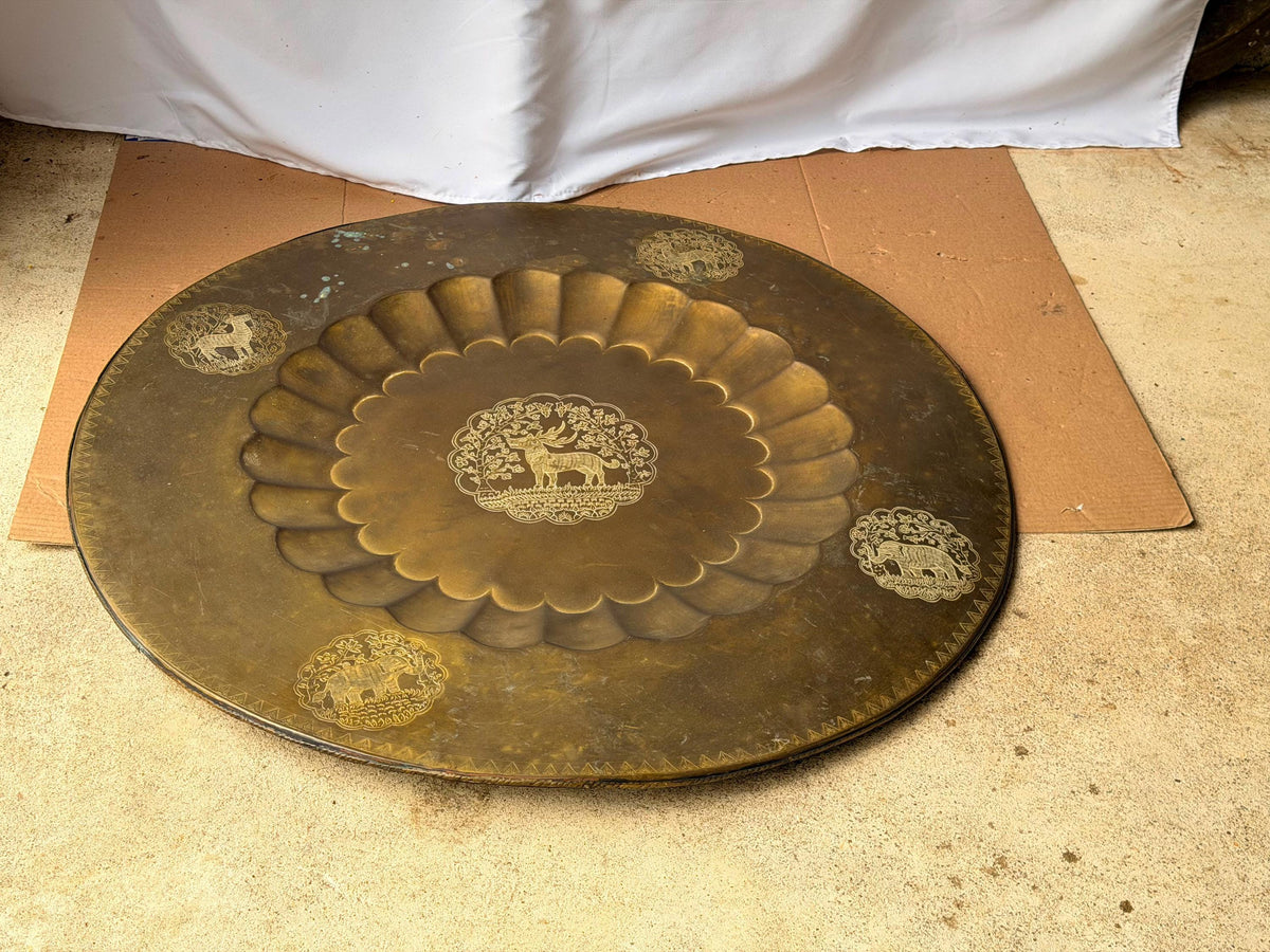 Vintage Indian Brass Tray Large 30" Engraved Animals Table Top Wall Platter
