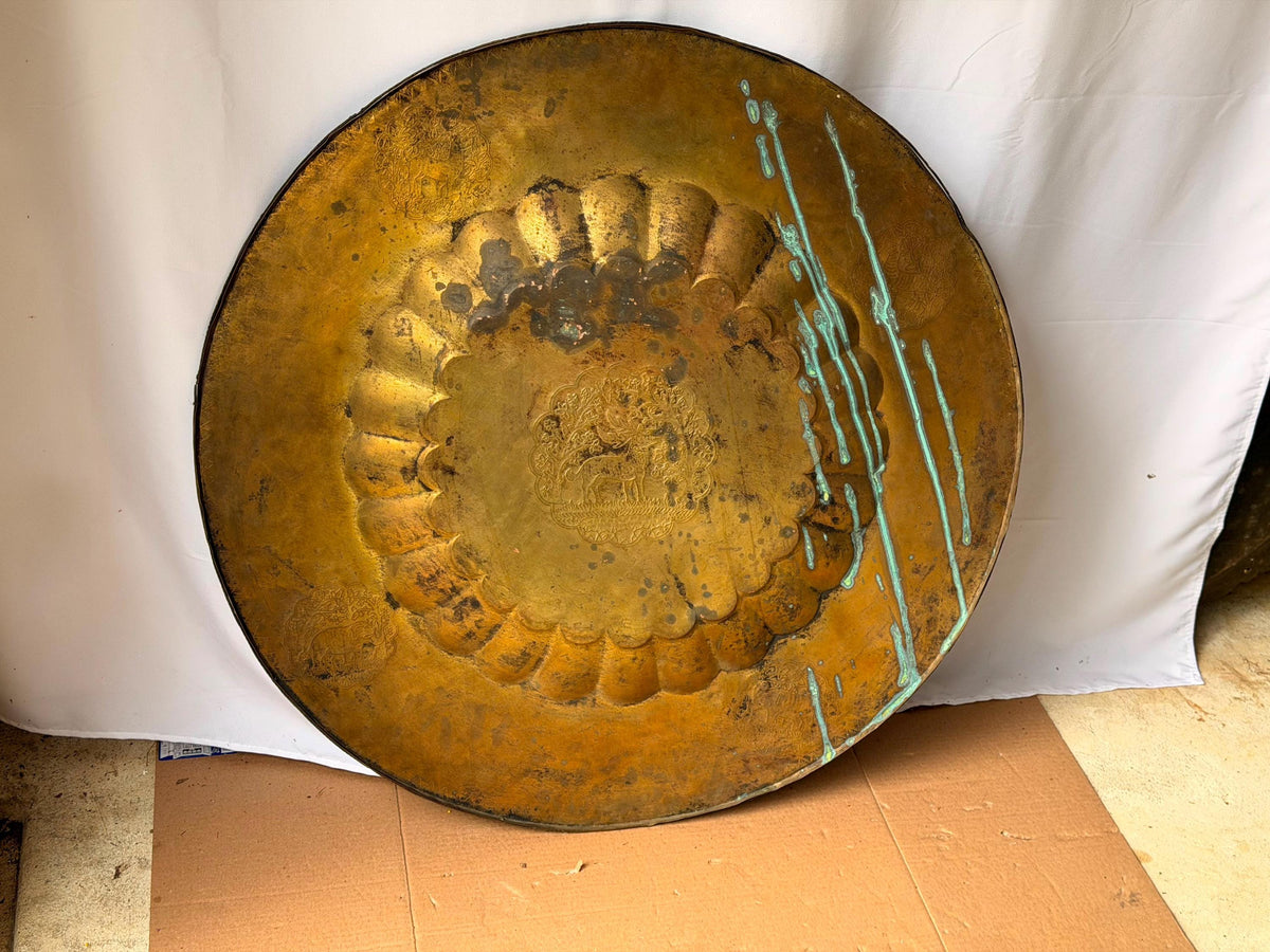 Vintage Indian Brass Tray Large 30" Engraved Animals Table Top Wall Platter