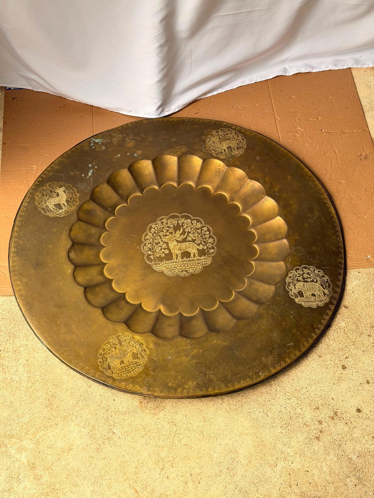Vintage Indian Brass Tray Large 30" Engraved Animals Table Top Wall Platter