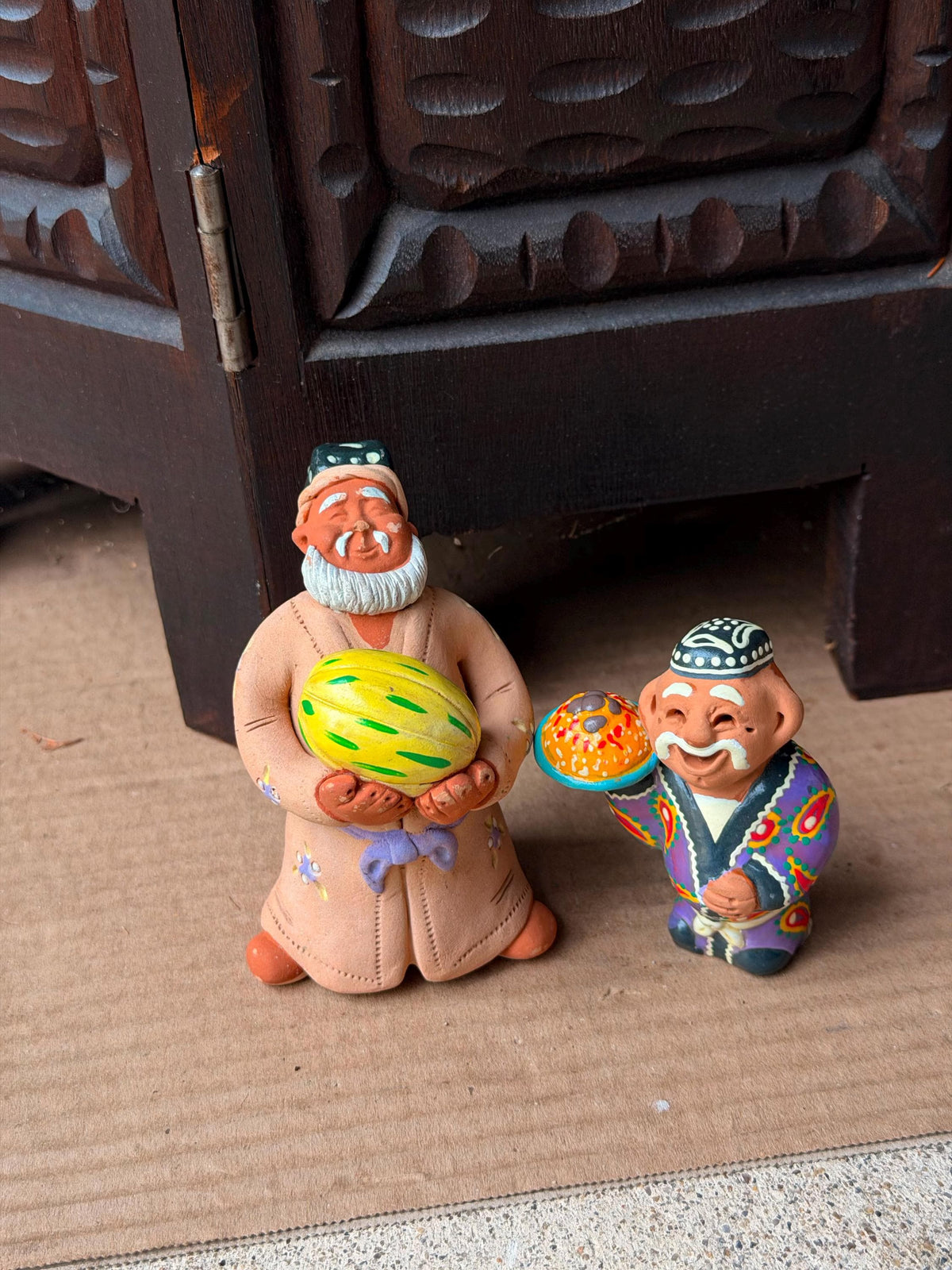 Vintage Central Asian Clay Figures Aksakal Melon Plov Folk Art Pair