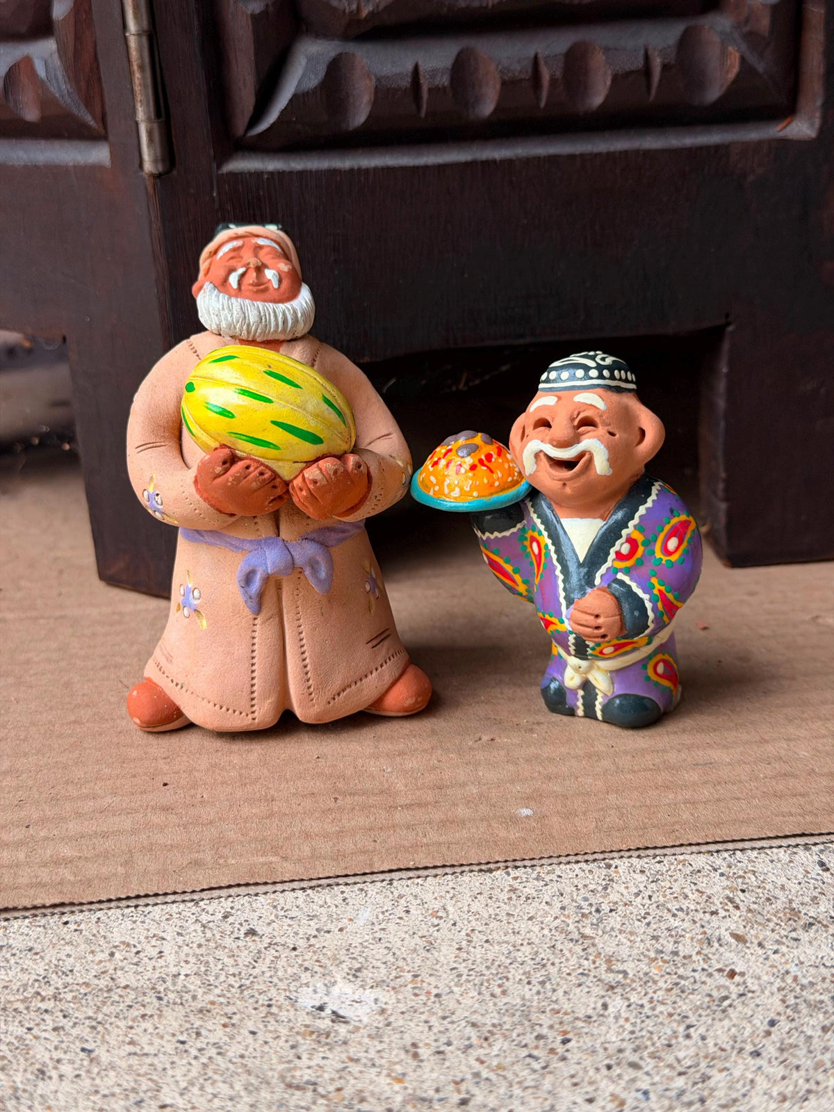 Vintage Central Asian Clay Figures Aksakal Melon Plov Folk Art Pair