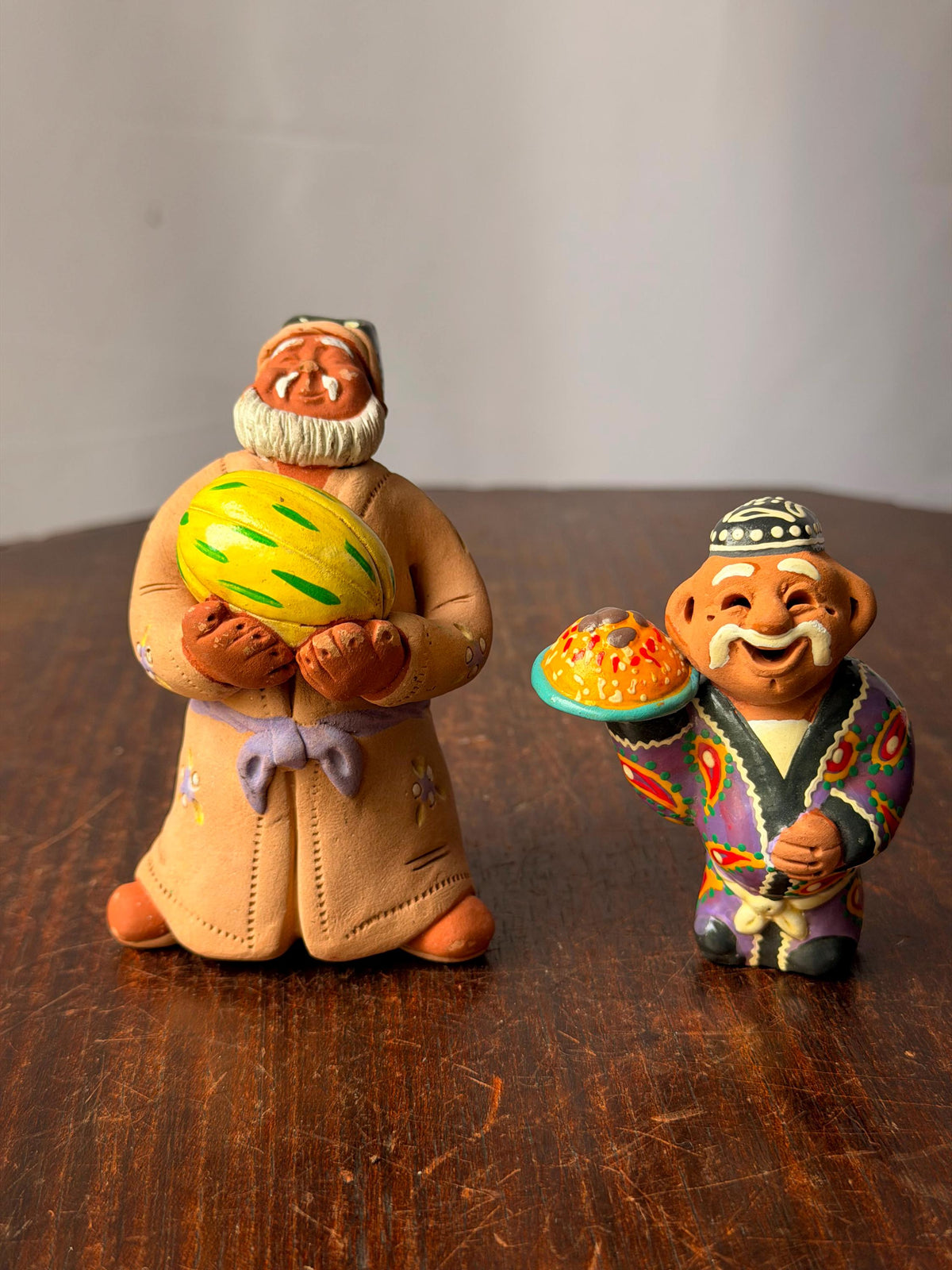Vintage Central Asian Clay Figures Aksakal Melon Plov Folk Art Pair