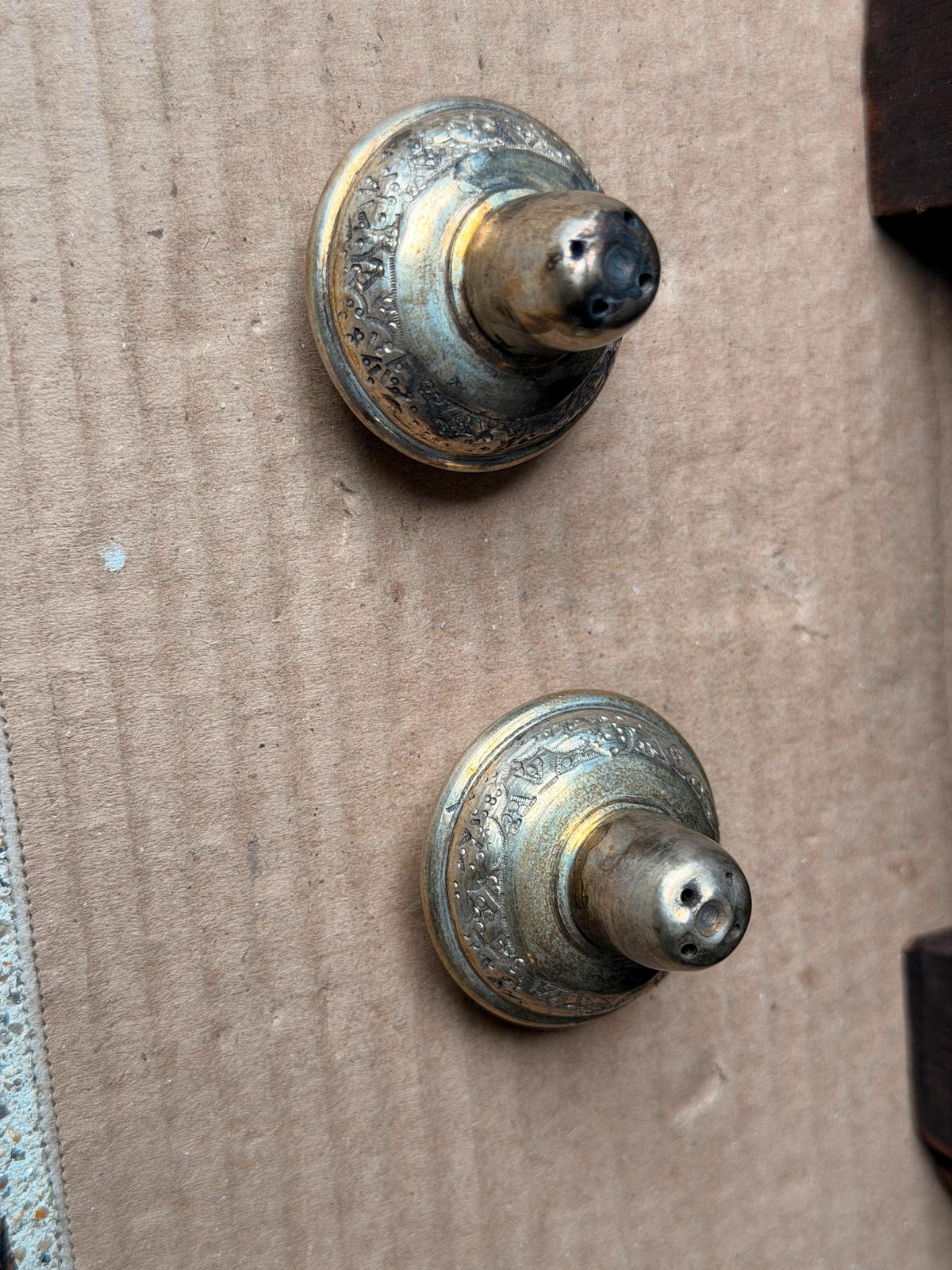 Vintage Silver Plated Salt Pepper Shakers Etched Metal Spice Shakers