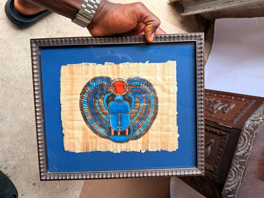 Framed Hand Painted Papyrus Painting Winged Scarab Beetle Art Egyptian Revival