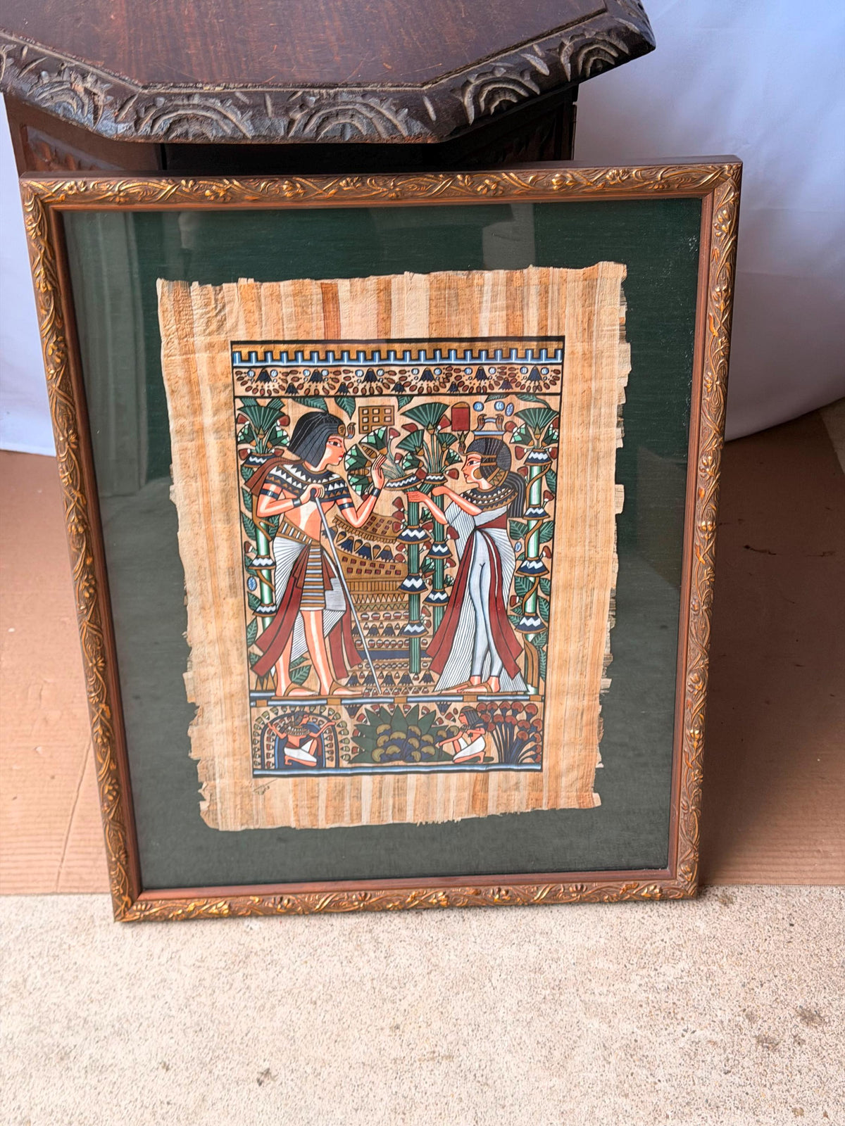 Framed Hand Painted Papyrus Painting Royal Garden Egyptian Revival Signed