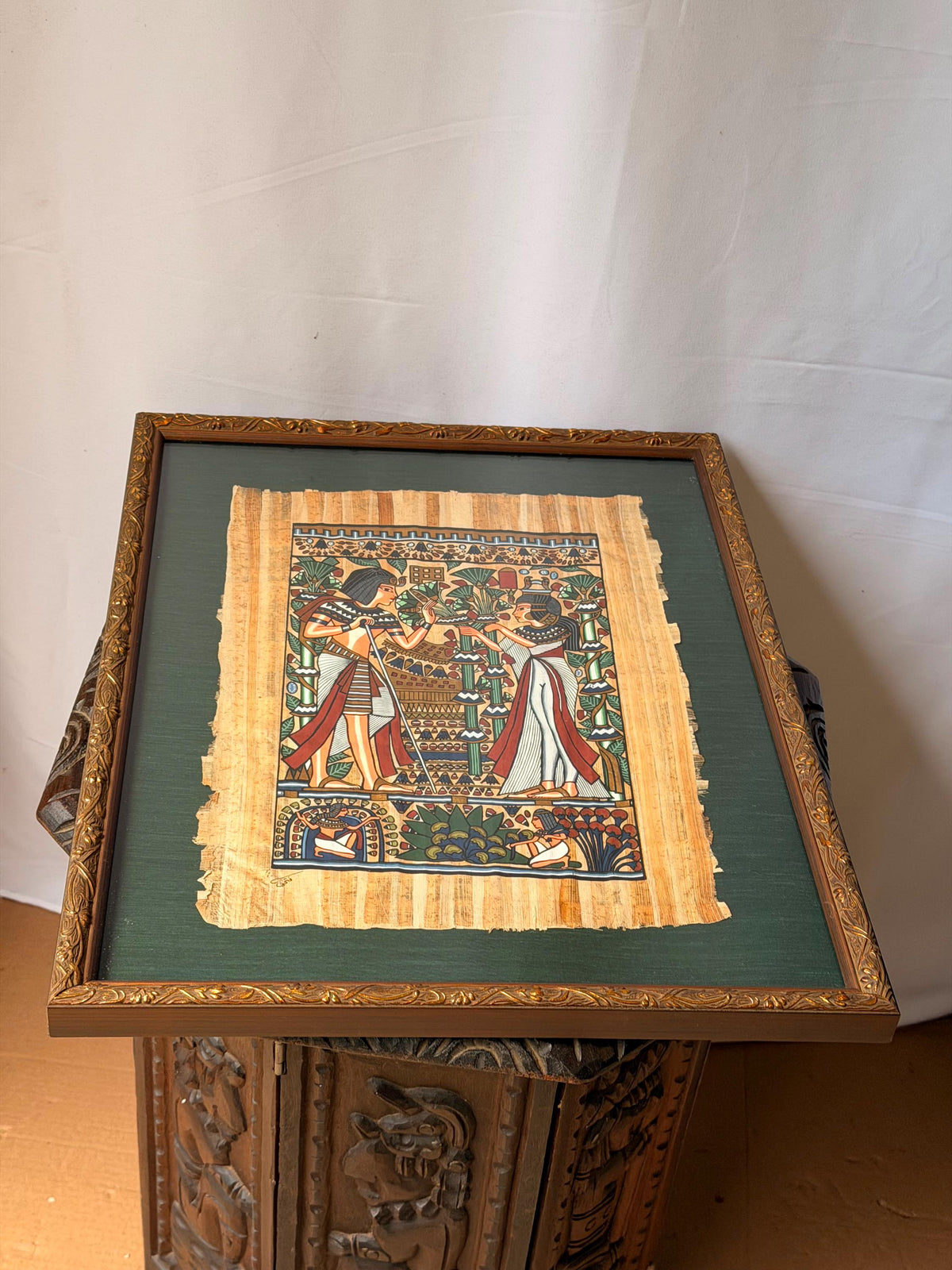 Framed Hand Painted Papyrus Painting Royal Garden Egyptian Revival Signed